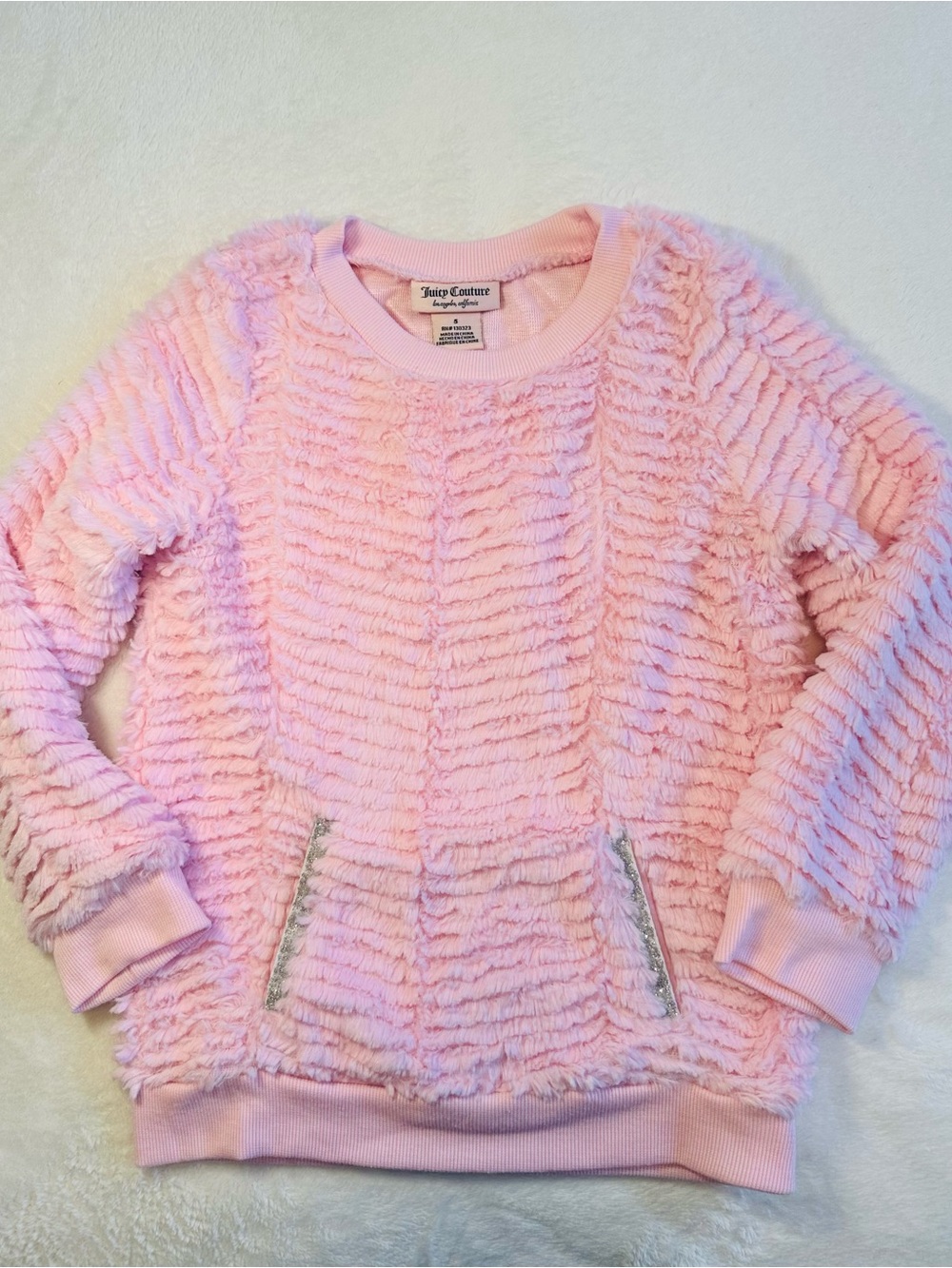 Juicy Couture Kids Light Pink Plush Pullover Sweatshirt w/ silver glitter